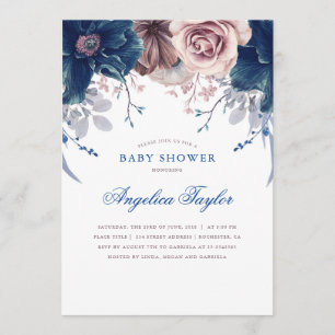 Invitation Baby shower floral bleu marine et mauve