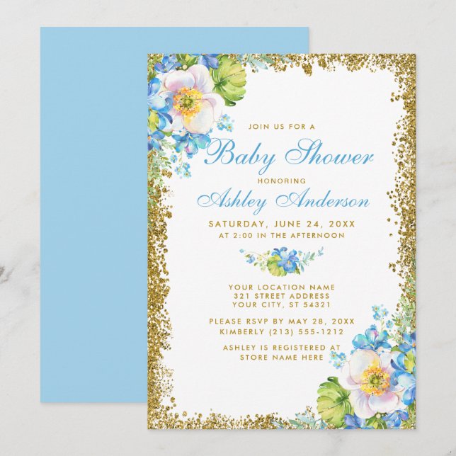 Invitation Baby shower Floral bleu Parties scintillant or Inv (Devant / Derrière)