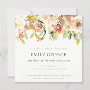 INVITATION BABY SHOWER FLORAL BLEU PEACH ROSE
