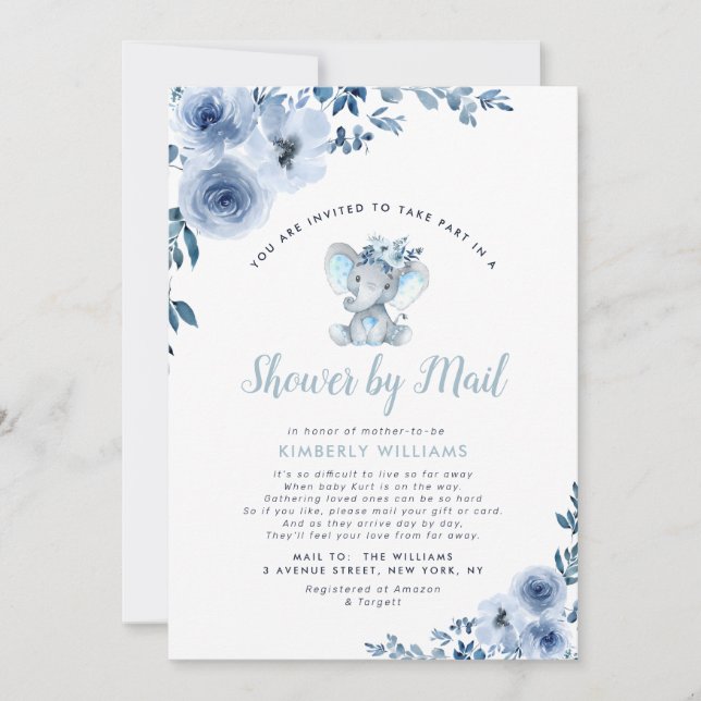 Invitation baby shower floral bleu petit éléphant par la post (Devant)