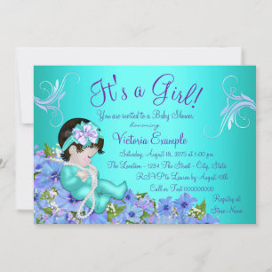 Invitation Baby shower floral bleu pourpre et Turquoise