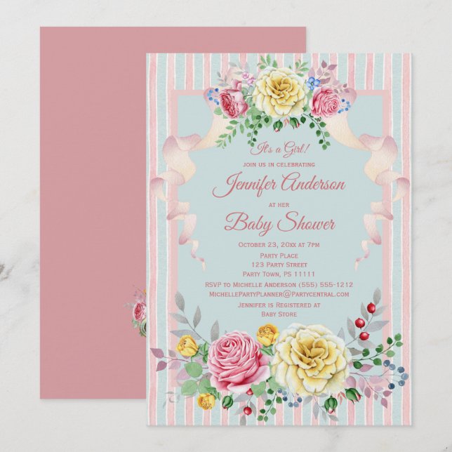 Invitation Baby shower floral bleu rose de fille (Devant / Derrière)