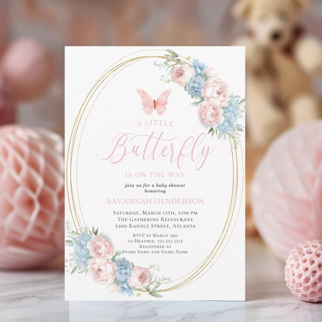 Invitation Baby shower floral bleu rose papillon (Créateur téléchargé)