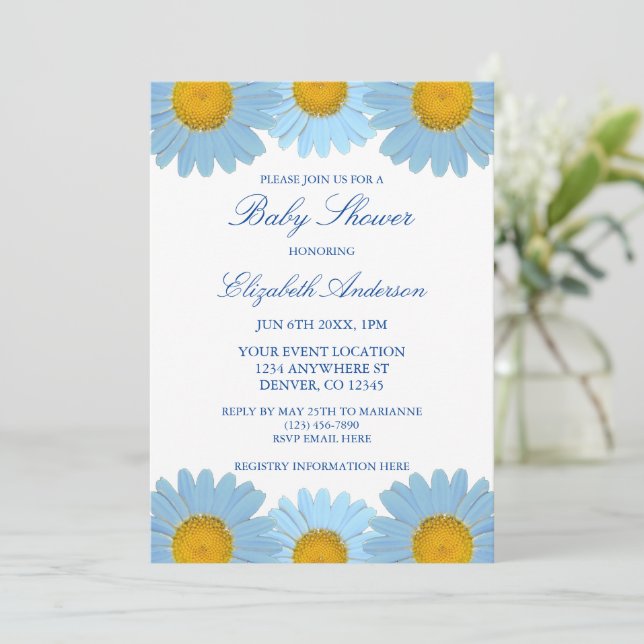 Invitation Baby shower Floral Blue Daisies (Debout devant)