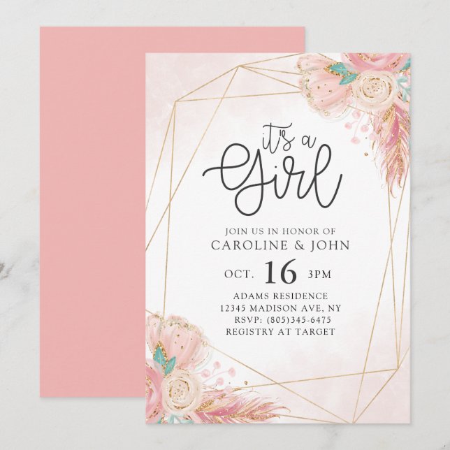 Invitation Baby shower floral bohème (Devant / Derrière)