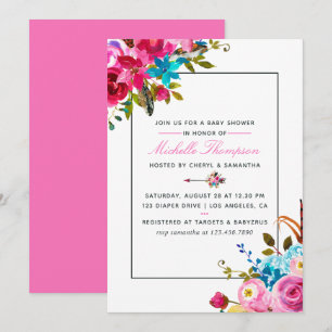 Invitation Baby Shower Floral Bohème Chic Aquarelle Rose
