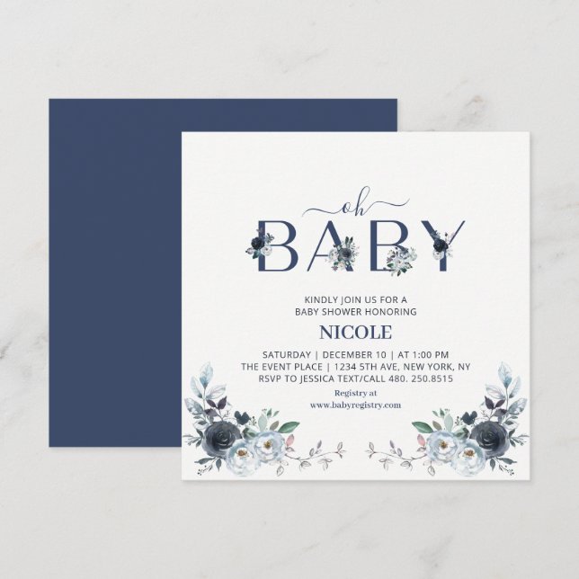 Invitation Baby shower Floral Boho de la Marine Carré (Devant / Derrière)