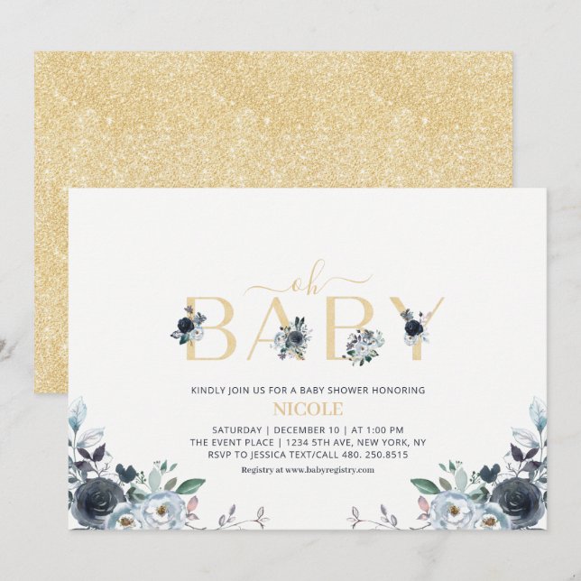 Invitation Baby shower Floral Boho Elegant Marine Blue & Gold (Devant / Derrière)