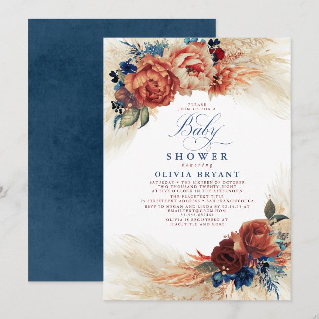 Invitation Baby shower Floral Boho en bleu marine et en terre (Devant / Derrière)
