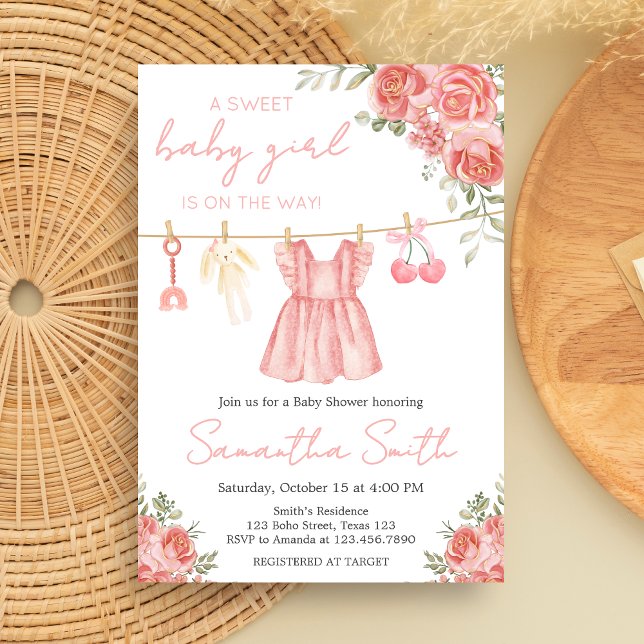 Invitation Baby shower Floral Boho Rose (Sweet Little Girl Boho Floral Clothesline Baby Shower Invitation )