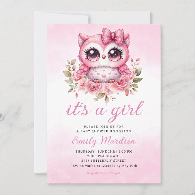 Invitation Baby shower Floral Boho Rose Boho de la Chouette d (Devant)