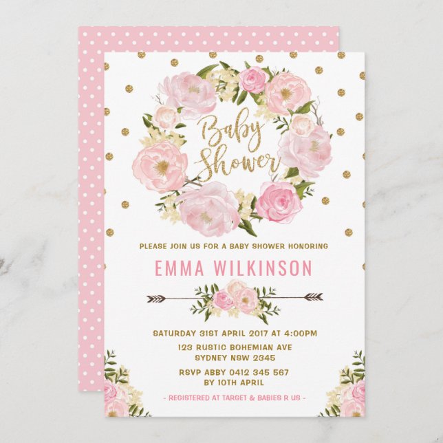 Invitation Baby shower Floral Boho rose et or (Devant / Derrière)
