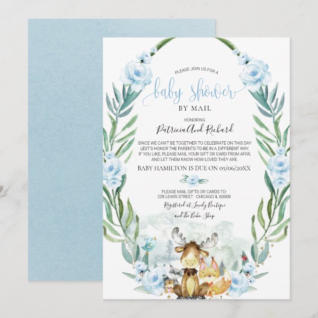Invitation Baby shower Floral Bois Par Mail (Devant / Derrière)