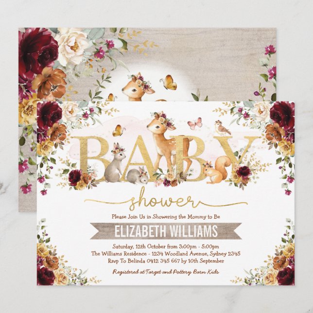 Invitation Baby shower Floral Boisé Orange Bourgogne Automne (Devant / Derrière)