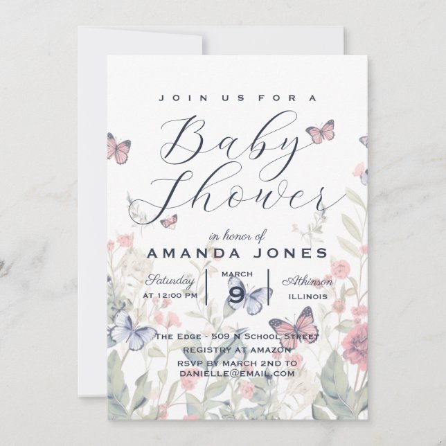 Invitation Baby shower floral Botanique de papillon Boho (Devant)