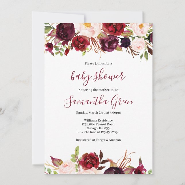 Invitation Baby shower Floral Bourgogne (Devant)