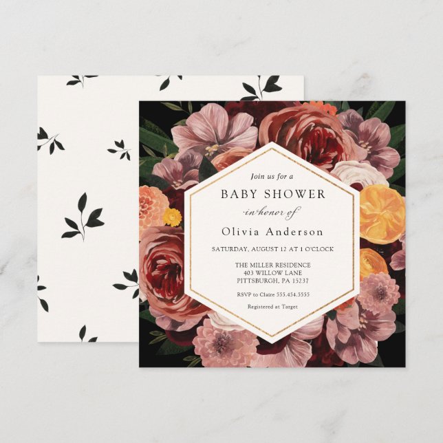 Invitation Baby shower Floral Bourgogne d'automne (Devant / Derrière)