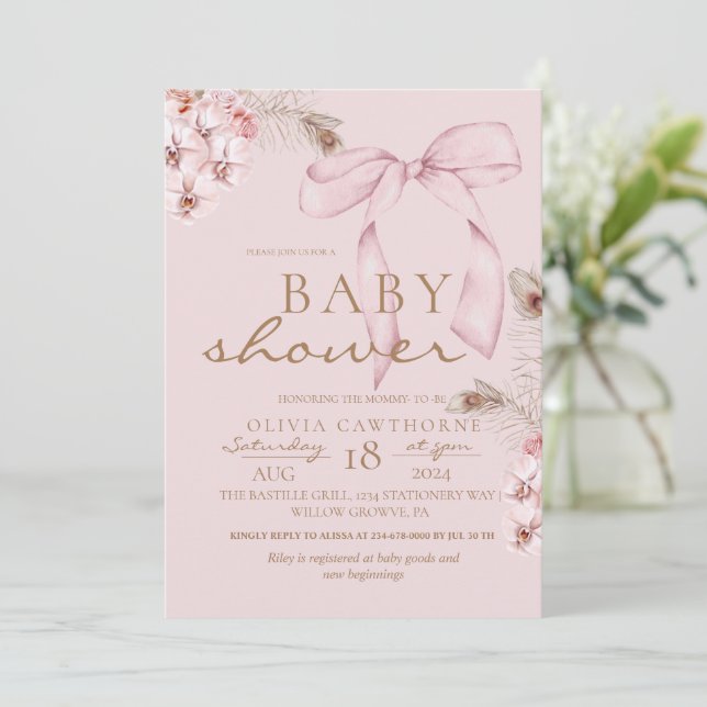 Invitation Baby shower Floral Bow rose pâle (Debout devant)
