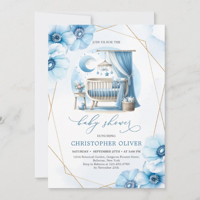 Invitation Baby shower Floral Boy avec lit bébé (Devant)