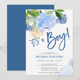 Invitation Baby shower Floral Boy Blue Watercolor