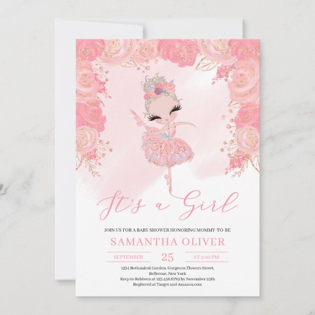 Invitation Baby shower floral brun de tutu doré Rose (Devant)