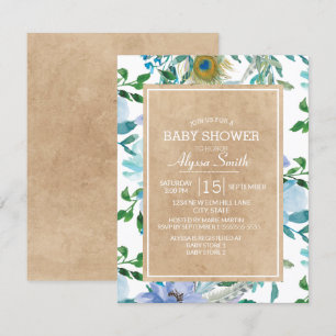 Invitation Baby Shower Floral Brun Rustique Bleu Blanc