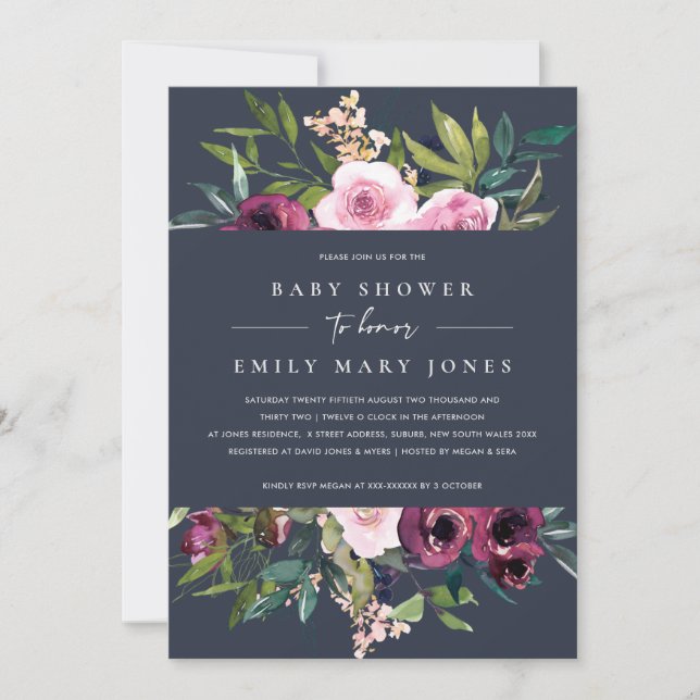 INVITATION BABY SHOWER FLORAL BURGUNDY DE MARINE (Devant)