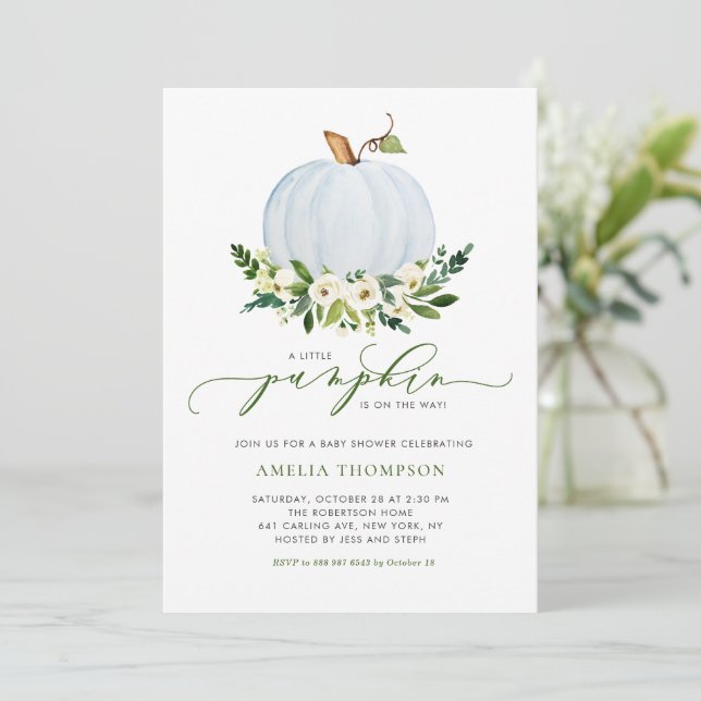 Invitation Baby shower Floral Citrouille bleu Aquarelle (Debout devant)