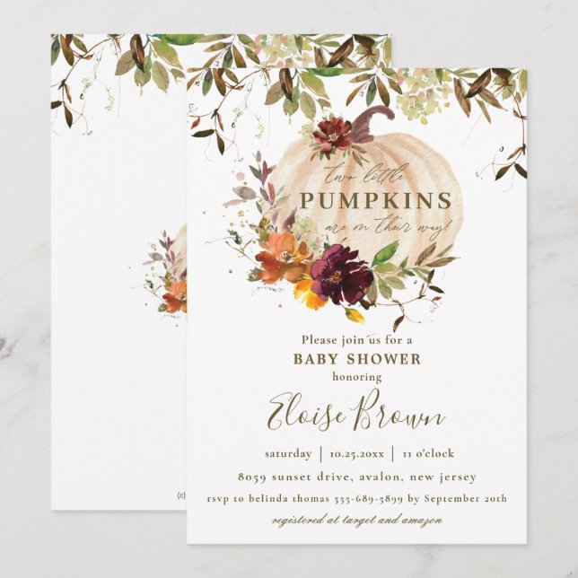 Invitation Baby shower Floral citrouille Bourgogne Orange Twi (Devant / Derrière)