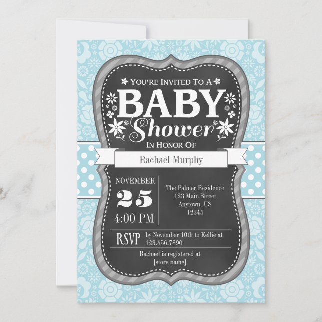 Invitation Baby shower floral clair bleu Chalkboar (Devant)