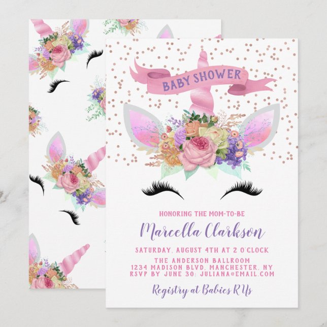 Invitation Baby shower floral clair Unicorn (Devant / Derrière)