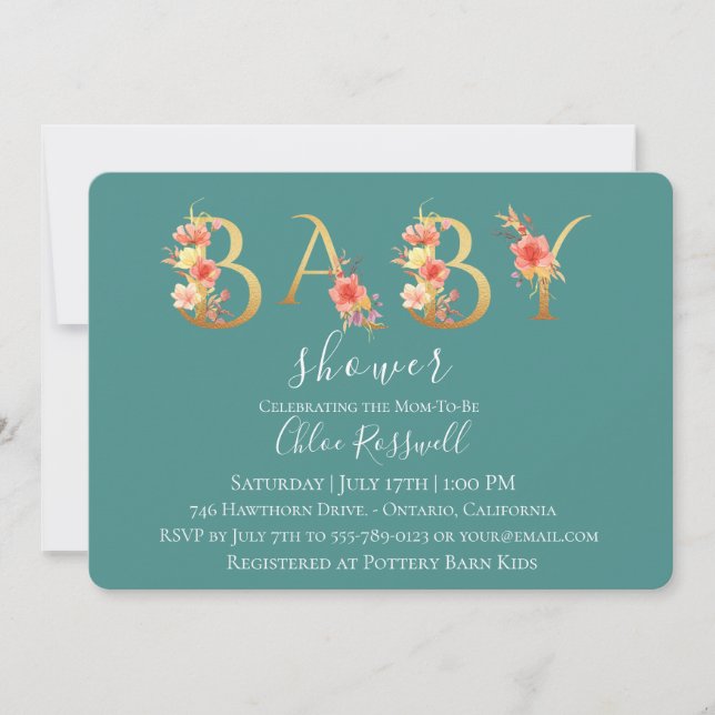 Invitation Baby shower Floral Coucher d'or (Devant)