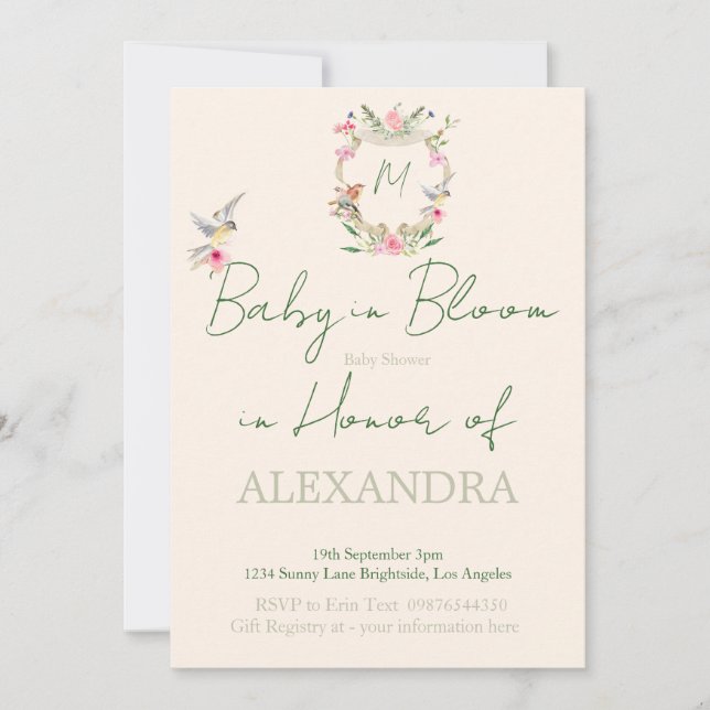 Invitation Baby shower Floral Crest Monogramme Sexe Neutre (Devant)
