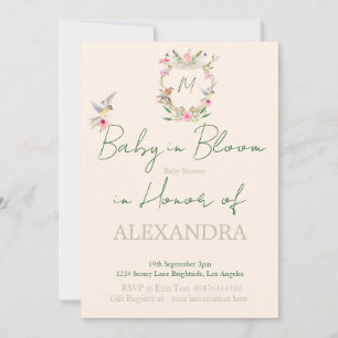 Invitation Baby shower Floral Crest Monogramme Sexe Neutre