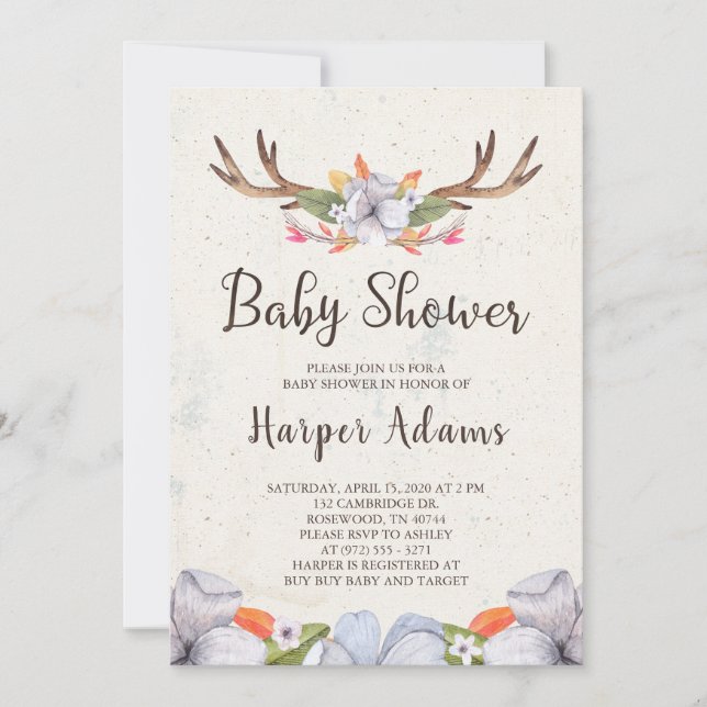 Invitation Baby shower floral d'andouillers de Boho (Devant)