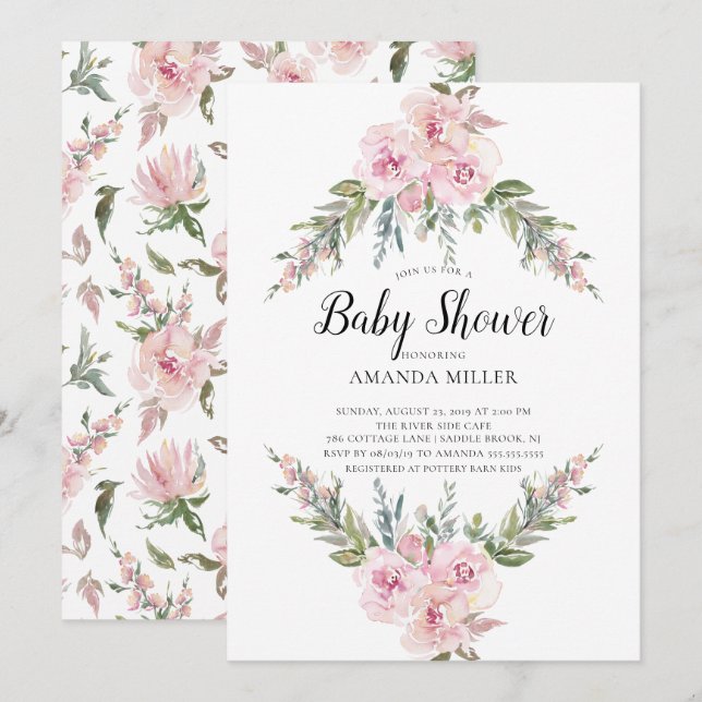 Invitation Baby shower floral d'aquarelle (Devant / Derrière)