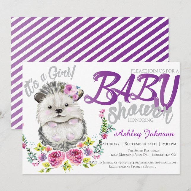 Invitation Baby shower floral de bébé de Hérisson (Devant / Derrière)