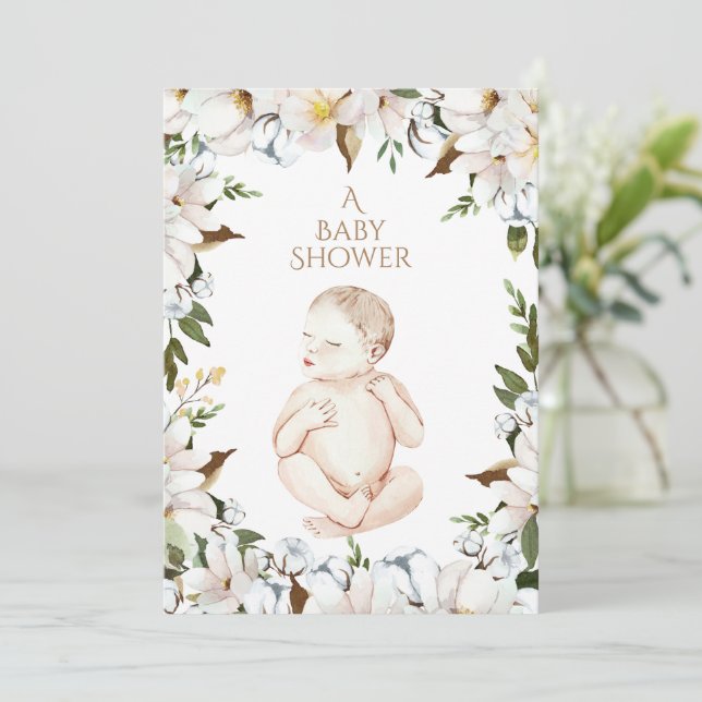 Invitation Baby shower Floral de bébé nouveau-né doux (Debout devant)