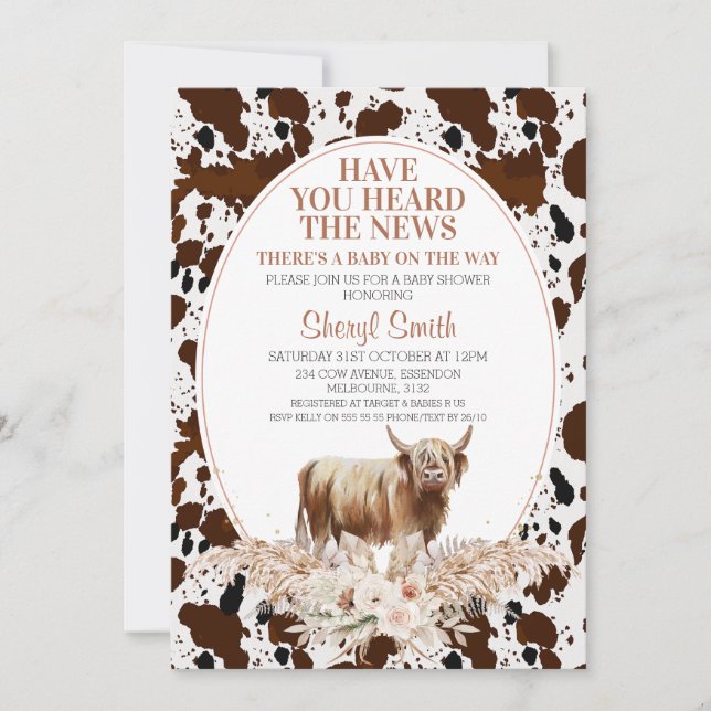 Invitation Baby shower Floral de Boho de vache de Highland (Devant)