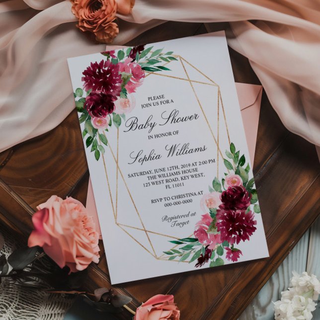 Invitation Baby shower floral de Bourgogne (Créateur téléchargé)