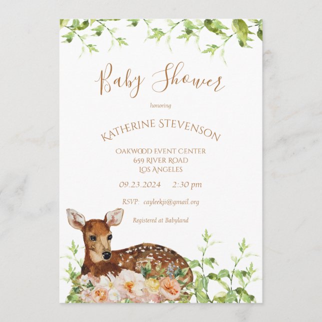 Invitation Baby shower floral de cerf de bois (Devant)