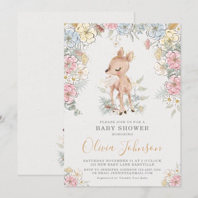 Invitation Baby shower floral de cerfs de bois (Devant / Derrière)