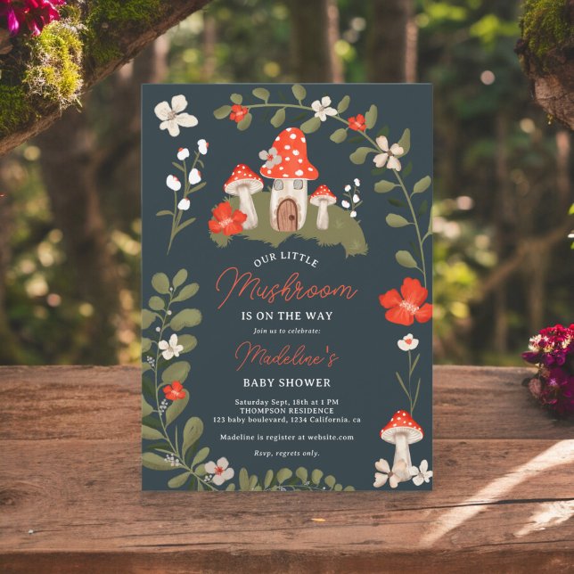 Invitation Baby shower floral de champignons de bois (Whimsical woodland mushrooms floral baby shower invitation on slate blue)