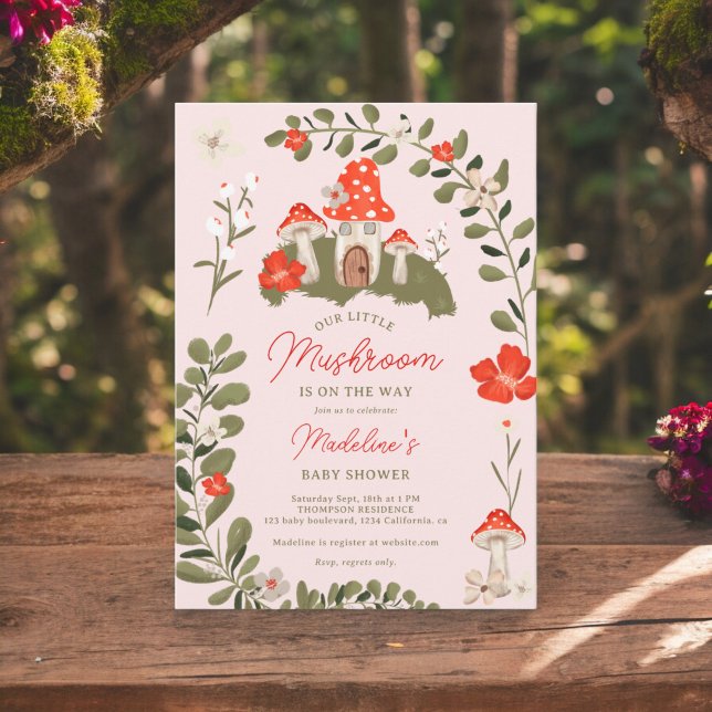 Invitation Baby shower floral de champignons de bois (Whimsical woodland mushrooms floral baby shower invitation on blush pink)