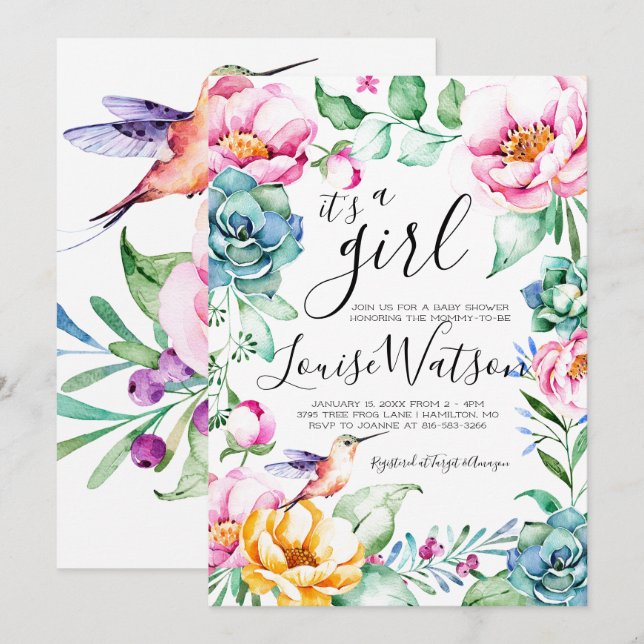 Invitation Baby shower Floral de colibri (Devant / Derrière)