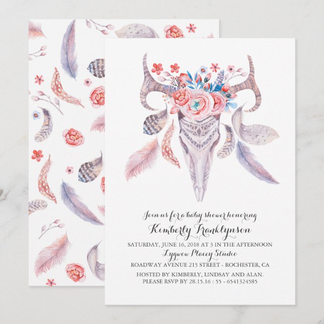 Invitation Baby shower floral de crâne d'aquarelle de Boho (Devant / Derrière)
