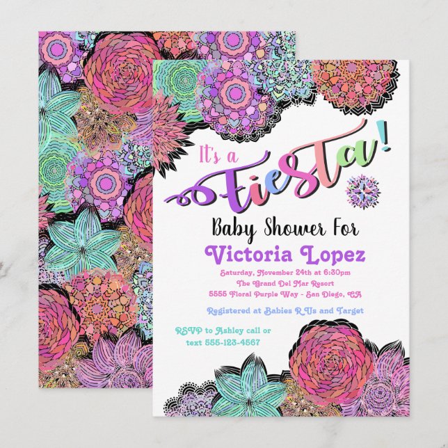 Invitation Baby shower Floral de Fiesta mexicaine Mandala (Devant / Derrière)