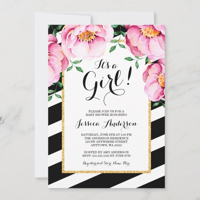 Invitation Baby shower floral de fille de rayures d'aquarelle (Devant)