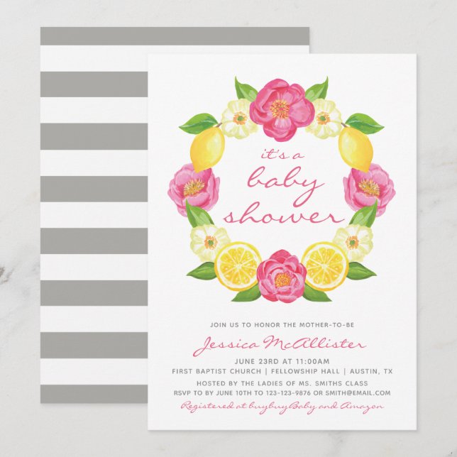 Invitation Baby shower floral de fille de rose de rose de (Devant / Derrière)