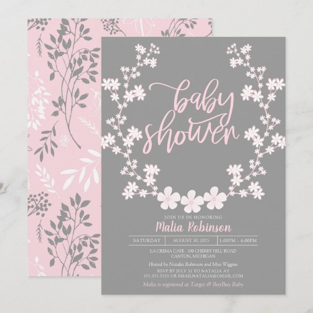 Invitation Baby shower floral de guirlande du souffle du bébé (Devant / Derrière)